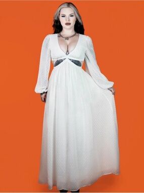 White Swiss Dot Long Sleeve Maxi Dress with Cutout lively ghosts